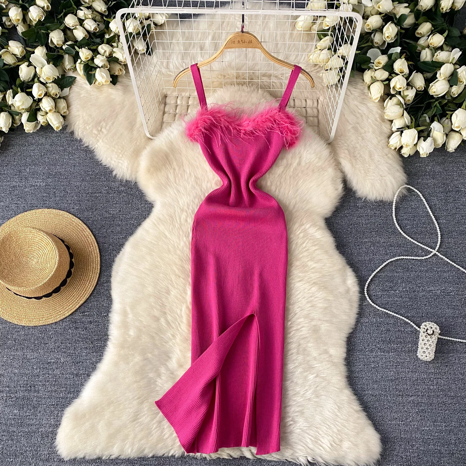 

ALPHALMODA 2024 New Fur Trim Split Women Hot Chic Knitted Tank Dress Slim Fit Sexy Ladies Dress