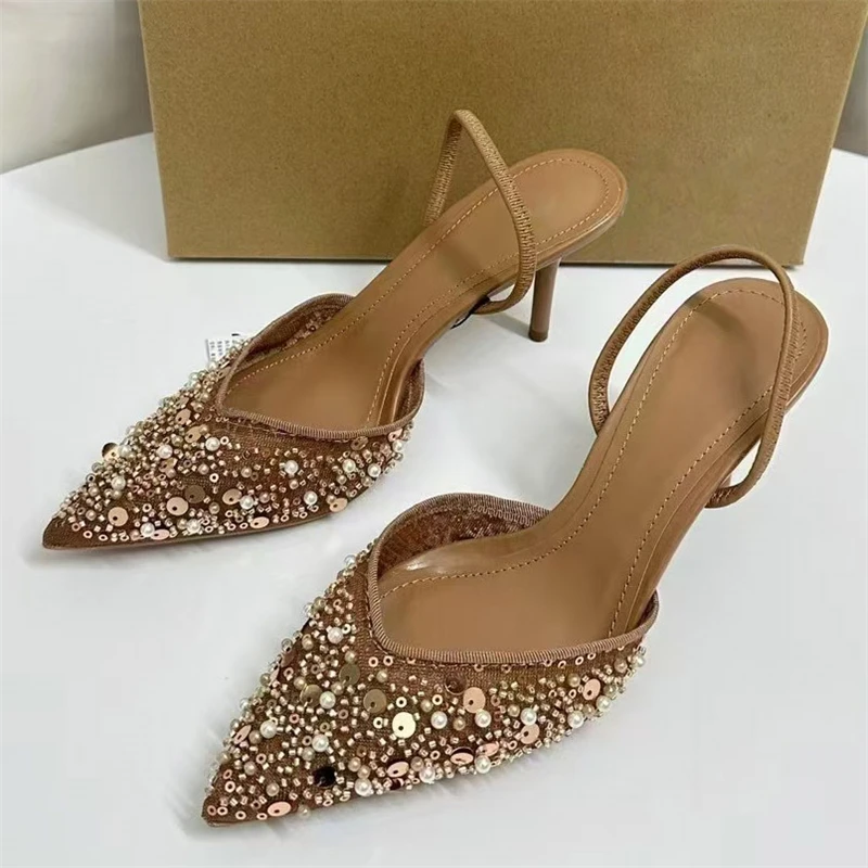 Fashion Sequin Pointed Toe Mule Women Pumps Sexy Thin High Heels Hollow Out Shoes Elegant Slingbacks Sandals