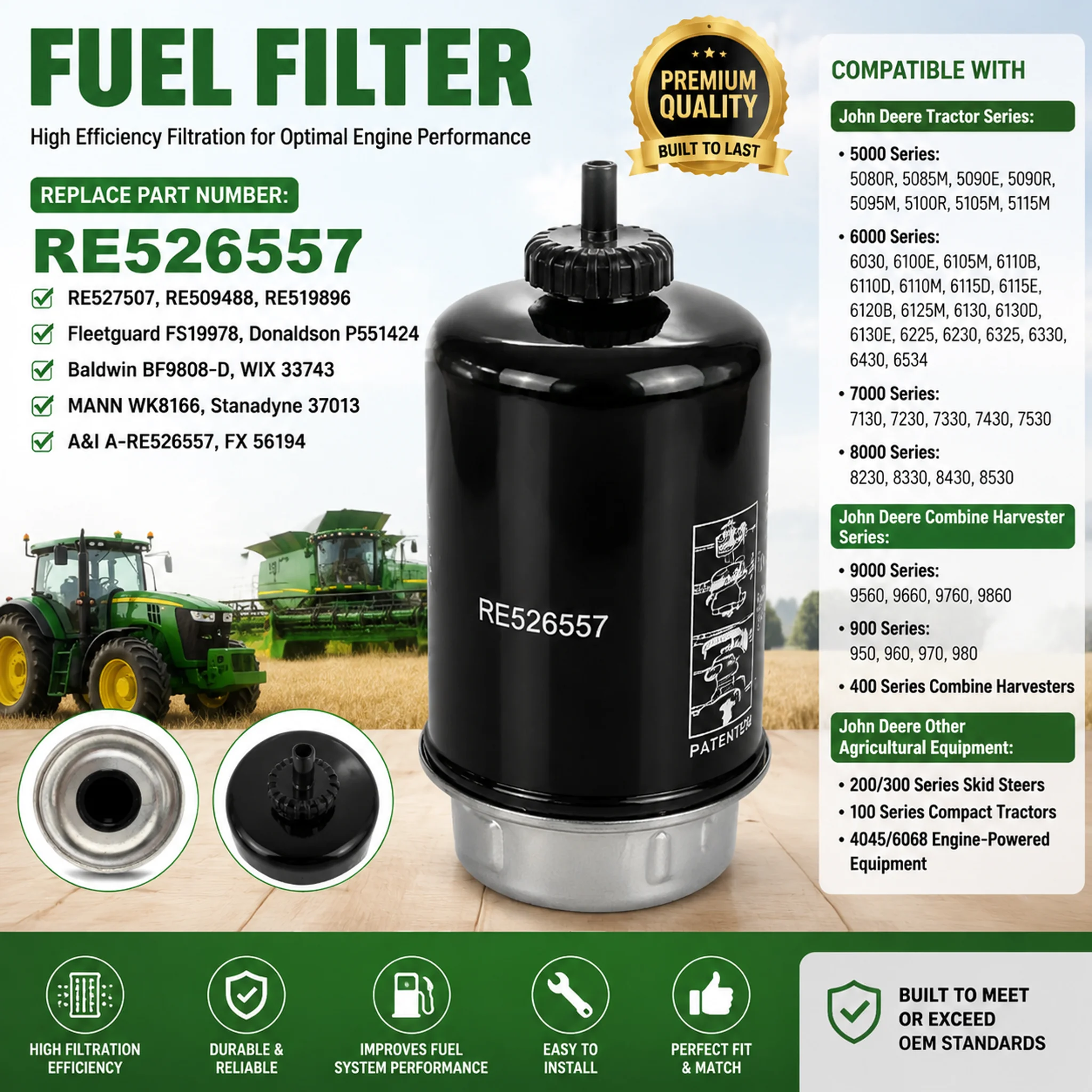 Filtro de Combustible RE526557 Reemplaza FS19978 P551424 WK8166 para Motor de Tractor John Deere 6030 6130 6230 6330 6430 7130 5080R 5090R