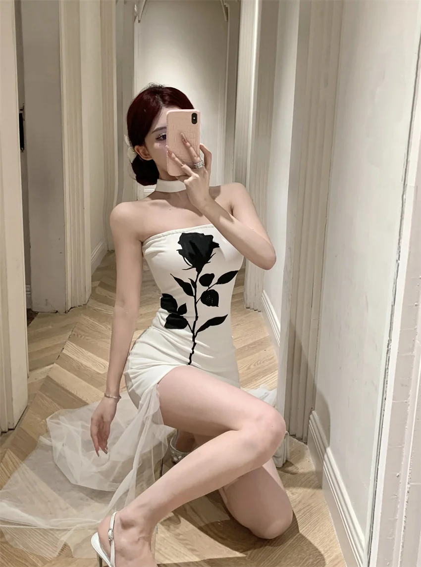 Rok A-Line Panjang Model Bodycon Korea dengan Tali Selempang, Desain Cetak Mawar Musim Panas, Cocok untuk Kerja dan Santai