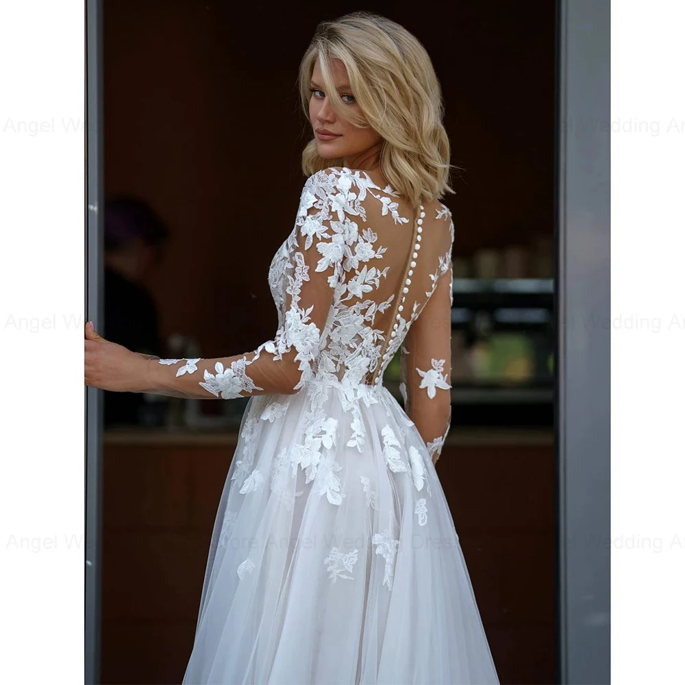 Engel elegante A-Linie Spitze Brautkleid lange Ärmel U-Ausschnitt Applikation Brautkleider Knopf plus Größe Vestidos de Novia