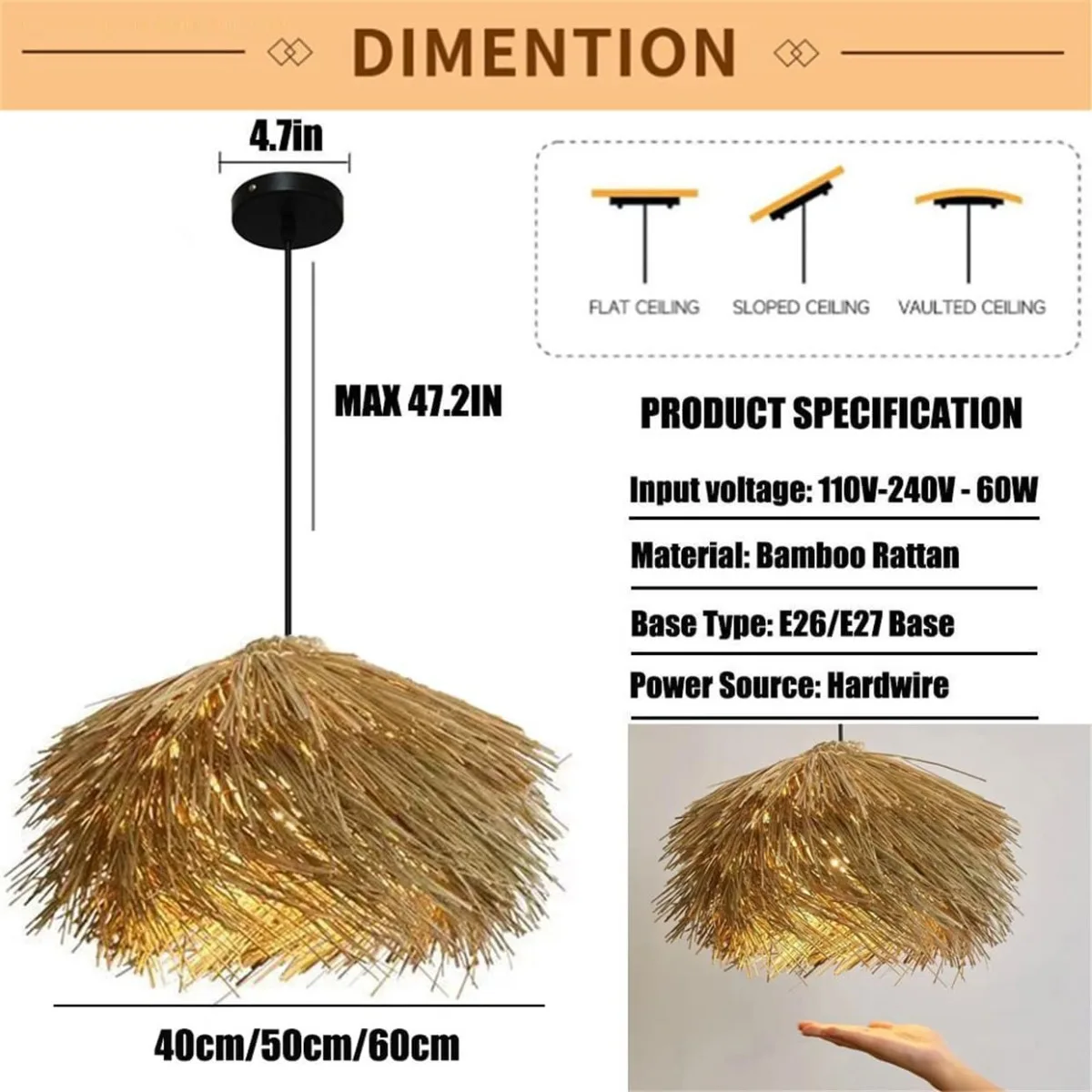 

JOYINLED 19.7inch Rattan Pendant Light, Hand-Woven Chandelier E27 Rustic Ceiling Lamp for Dining Living Room Lighting Fixture