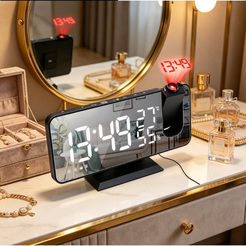2026 NEW USB Wake Up Alarm Clock Radio LED Digital Smart Clock with 180째 Time Projector Table Electronic Desktop Clock Snooze