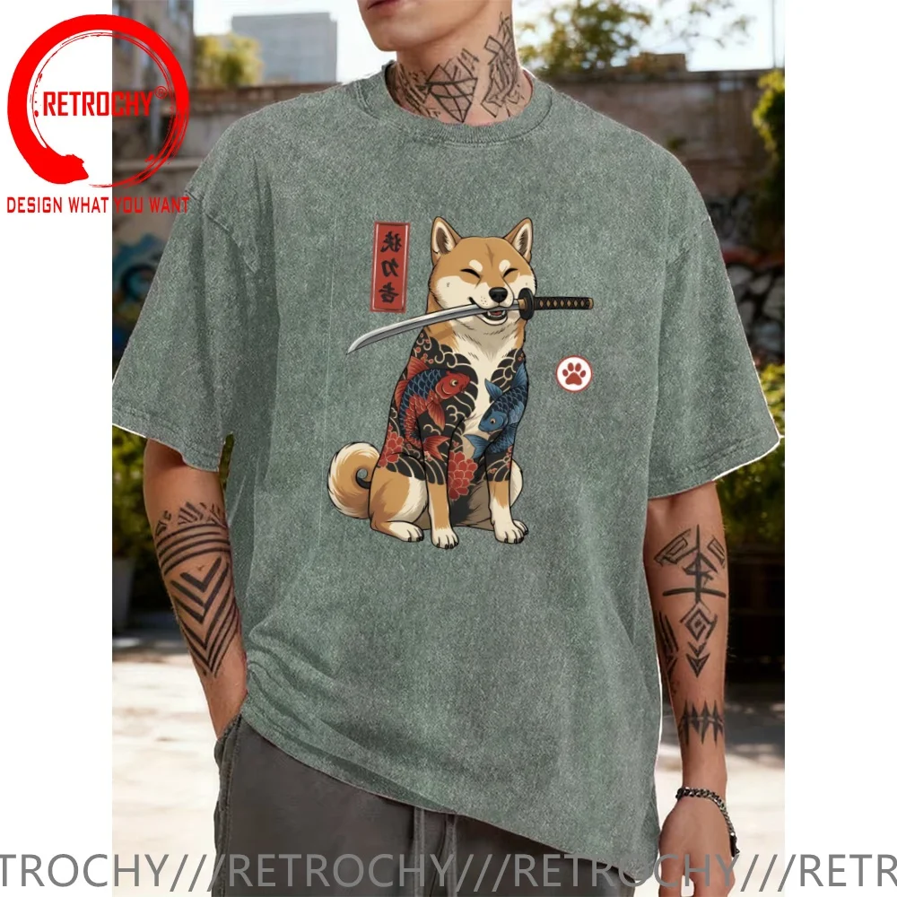 Funny Design Shiba Inu With Koi Fish & Sword  Shirt Men Fashion Trendy Casual Clothing Stylish Tops Tee Shirt Leisure Tshirt Men