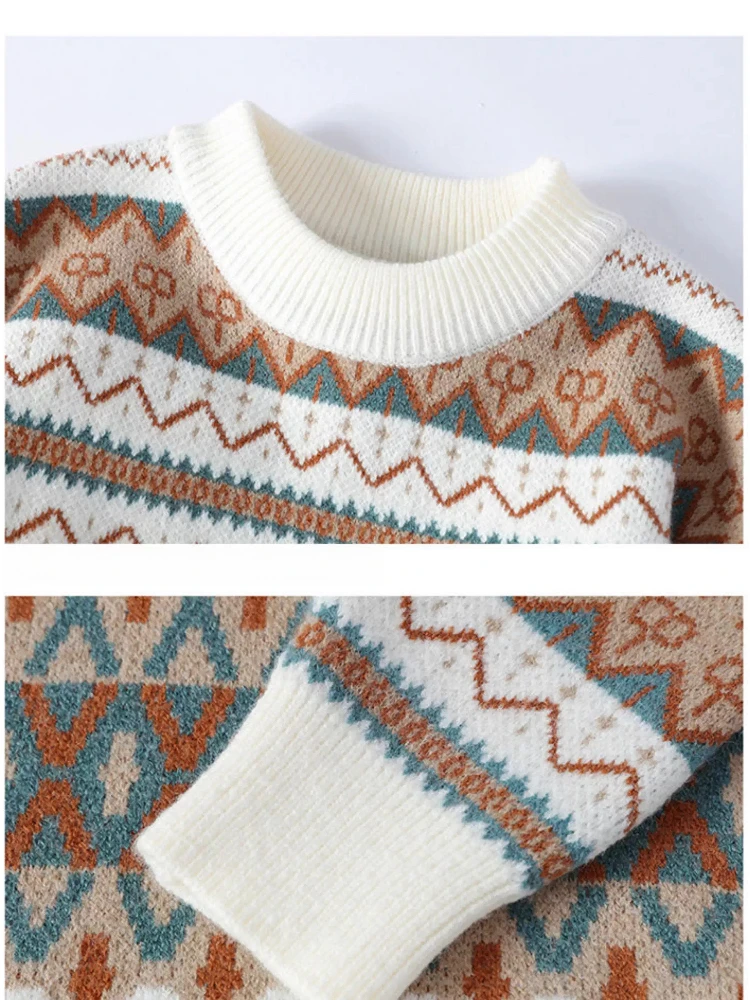 Vintage Ethnic Fall Winter Geometric Jacquard Sweater Men Color Block Crew Neck Pullover Oversized Thickened Knit Warm Sweater