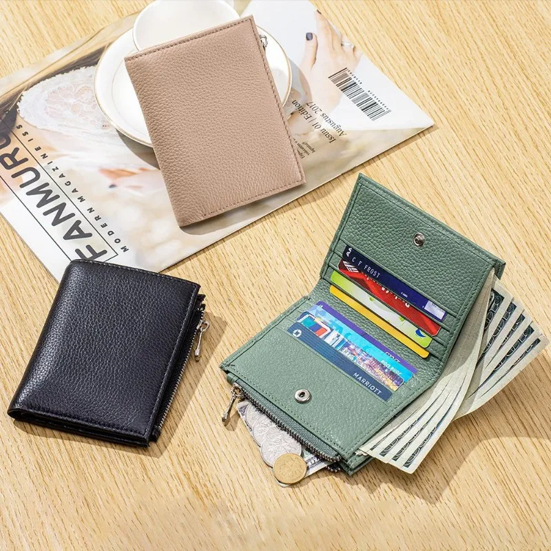 Solid Color Women Genuine Leather Bifold Purse Compact Snap Closure Ladies Small  Wallet with Zipper Coin Pocket Short Wallet