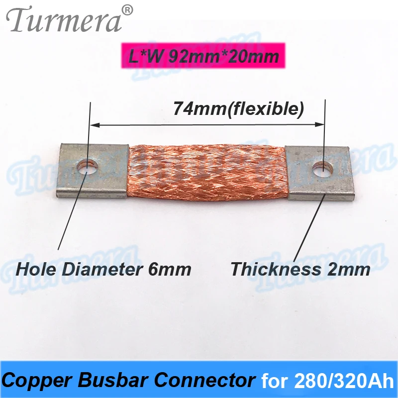 Turmera Lifepo4 배터리 버스바, 유연한 구리 커넥터, 구멍 대 구멍, 74mm, 2mm, 400A, 280Ah, 310Ah, 320Ah, Lifepo4 배터리에 사용, 12V