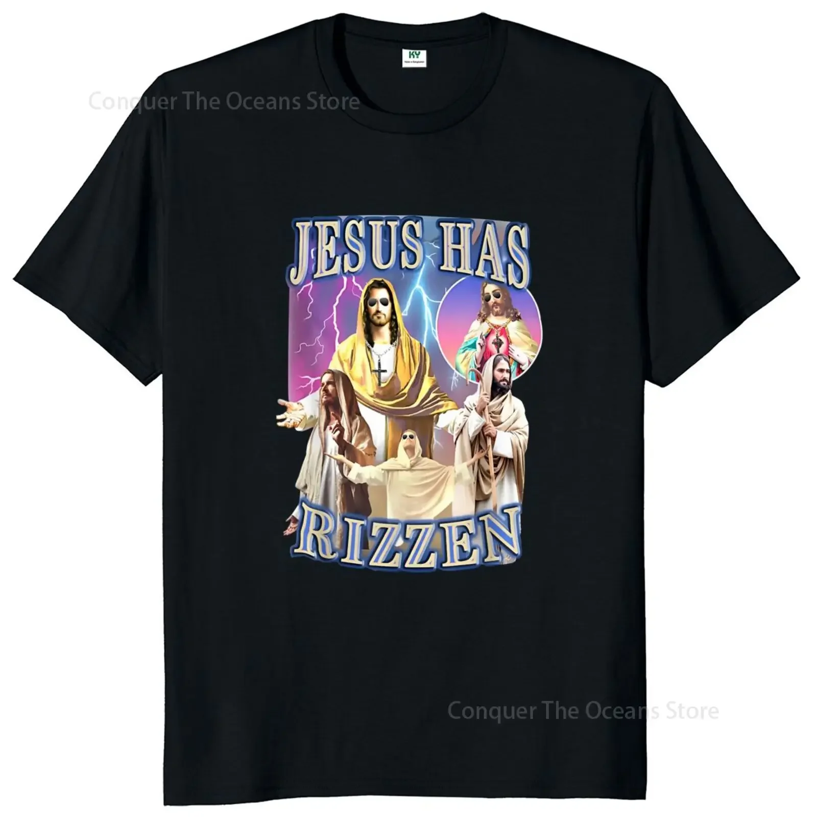 Jesus Has Rizzen Printed Men\'s T-shirt Retro Christian Religious Harajuku Streetwear Cotton O-neck Oversize Vintage Streetwear ﻿