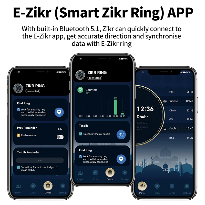 Smart Tasbih Tally Counter Ring For Muslims Zikr Digital Tasbeeh 5 Prayer Time Reminder Stainless Steel Qibla Rings