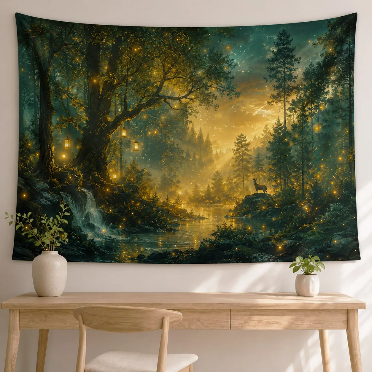Enchanted Forest Tapestry Firefly Deer Waterfall Landscape Wall Hanging Fantasy Woodland Wall Art Bedroom Living Room Dorm Decor