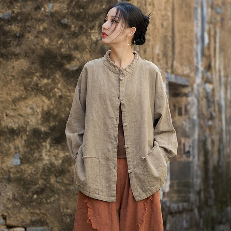 

Women Cotton Linen Casual Jackets New 2025 Spring Vintage Style Stand Collar Solid Color Loose Female Outerwear Coats T438