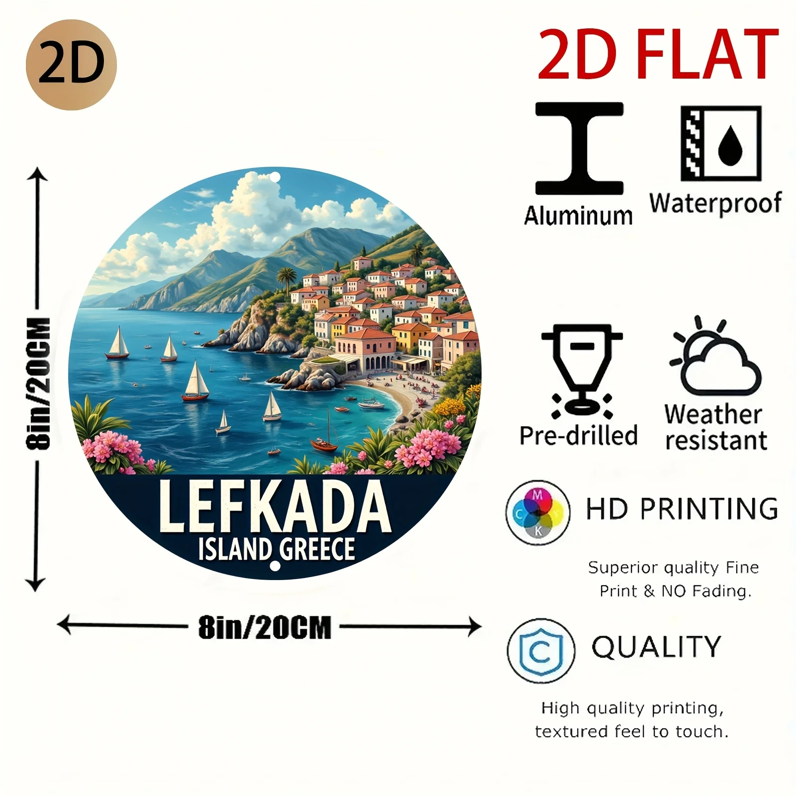 HD Tin Sign, Lefkada Island Greece Coastal Town Round Metal Wall Art, Travel Landscape Decor for Home Office