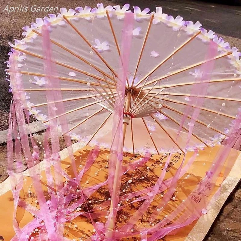 Ancient Hanfu Ribbon Pink Flower Parasol Clear Chinese Lace Umbrella Cosplay Props Fairy Pearl Flower Women Paraguas
