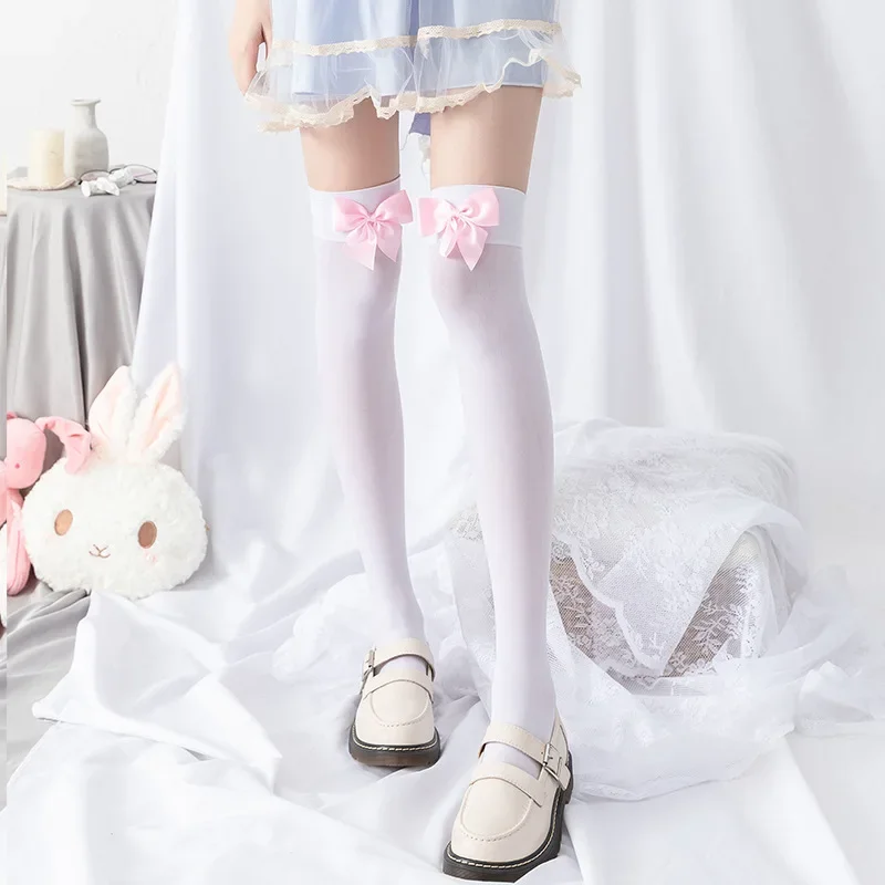 

Over Knee White Bow Lolita Stocking Sexy Suspender Tube Silk Thigh High Cute Maid Stocking Transparent Stockings Long Sock