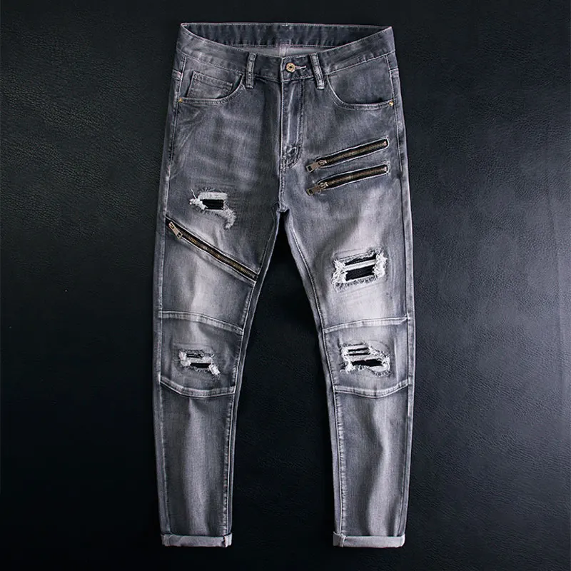 

Street Fashion Men Jeans Retro Black Gray Stretch Slim Fit Ripped Jeans Zipper Spliced Designer Hip Hop Denim Biker Pants Hombre
