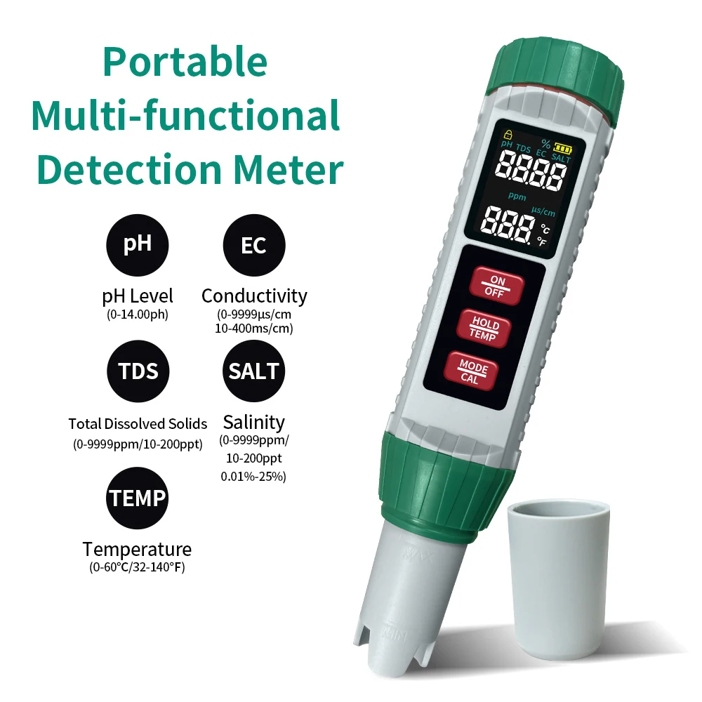 

Digital Water Quality Monitor Tester TDS PH Meter PH/TDS/EC/SALT/Temperature Meter for Pools Drinking Water Aquariums