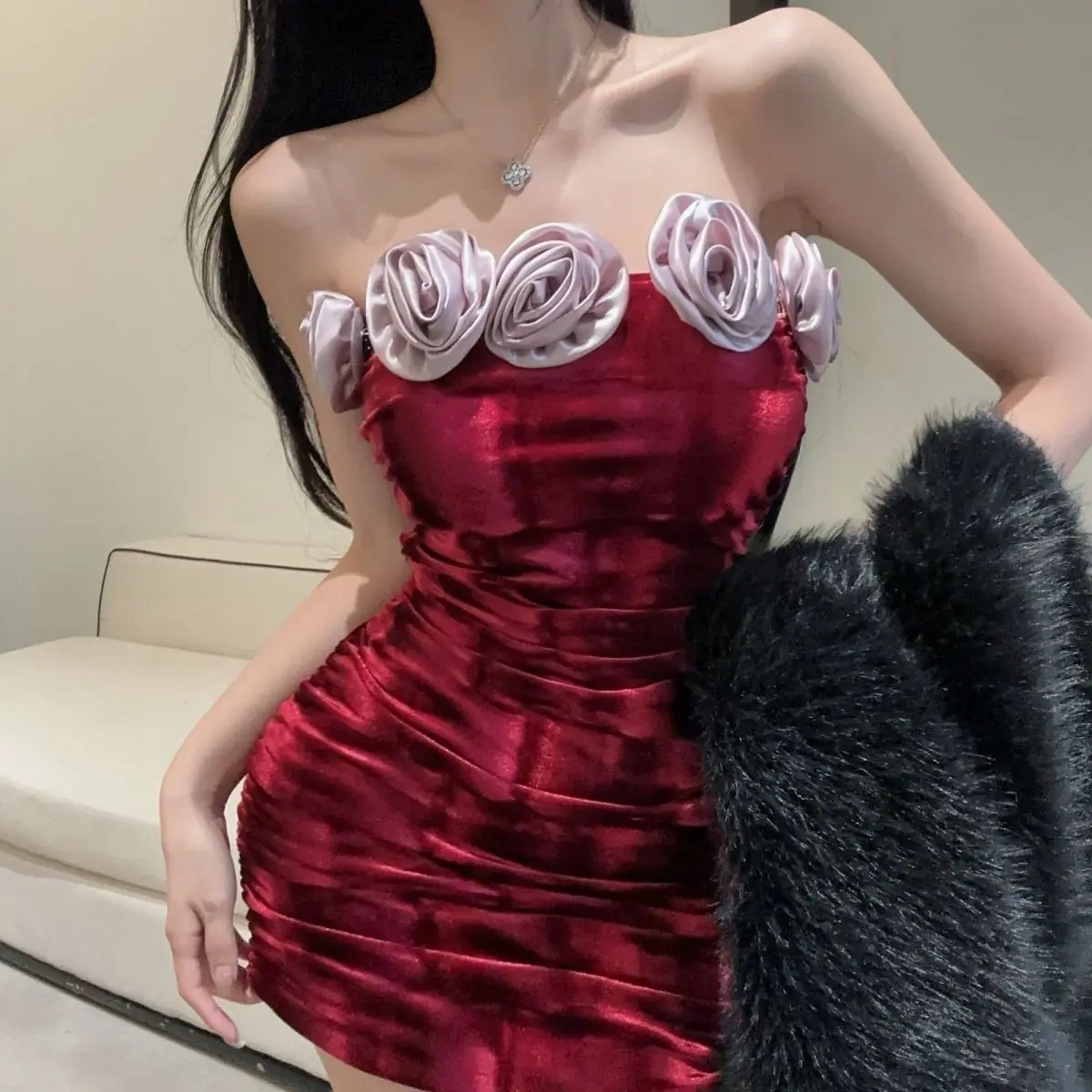 

Women Elegant Satin Mini Dress Strapless Rose Trim Ruched Bodycon Slim Fit Nightclub Party Dinner Date Outfit Summer Style 2025