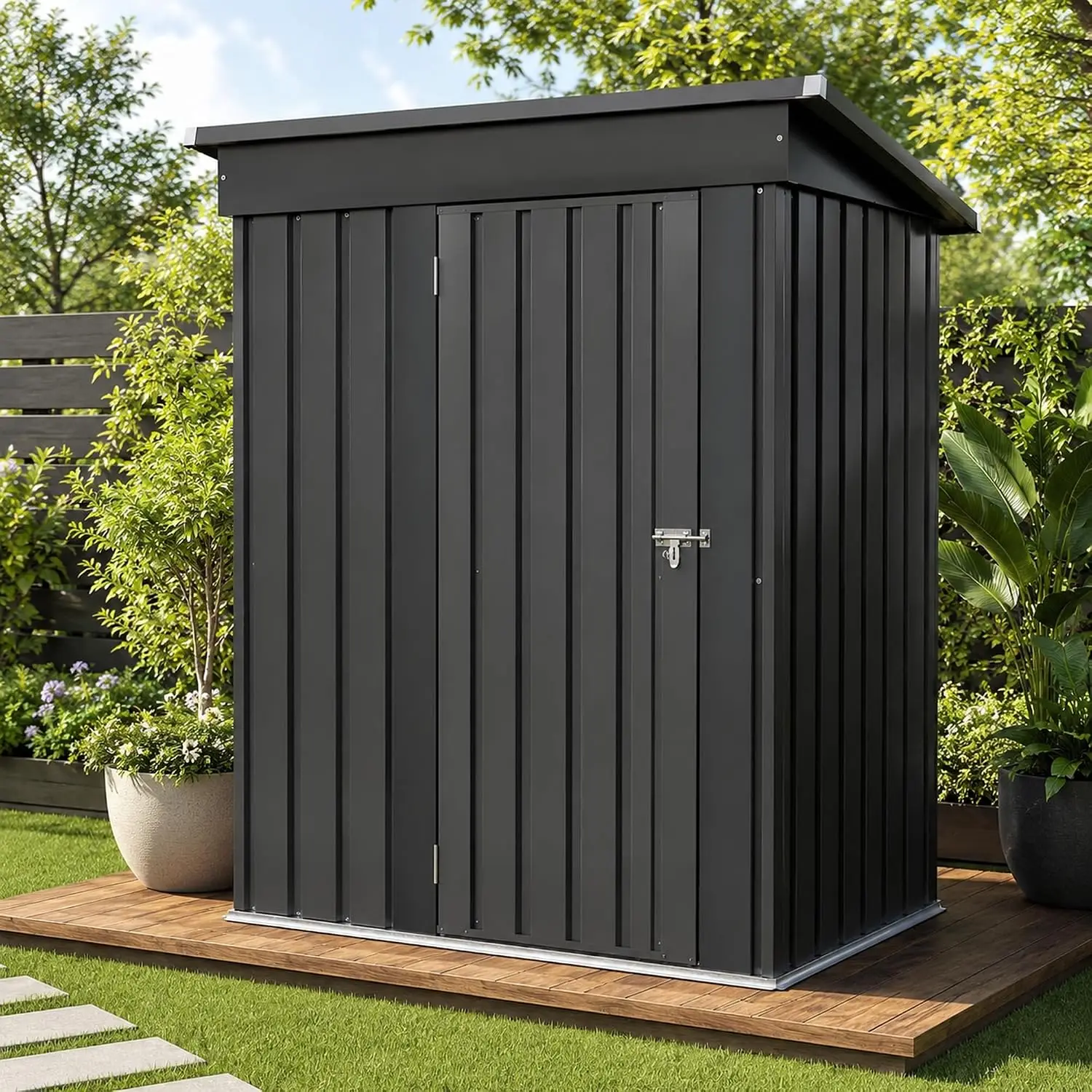 5x3 FT Outdoor Storage Shed, Metal Tool Shed with Sloping Roof and Lockable Door, Waterproof Garden Shed for Backyard, Patio, La