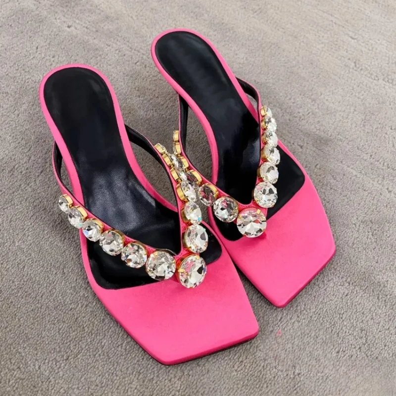 

Summer Shoes Woman Black Slides Crystals Pink Sandalias Mujer Rhinestone Design Women Slippers Slip On Flip Flops Med High Heels