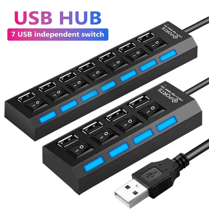 HUB USB 2.0 Multi-Port USB Splitter Use Power USB Adapter Multiple Independent Power Switch Extender with LED Lamp for PC Laptop