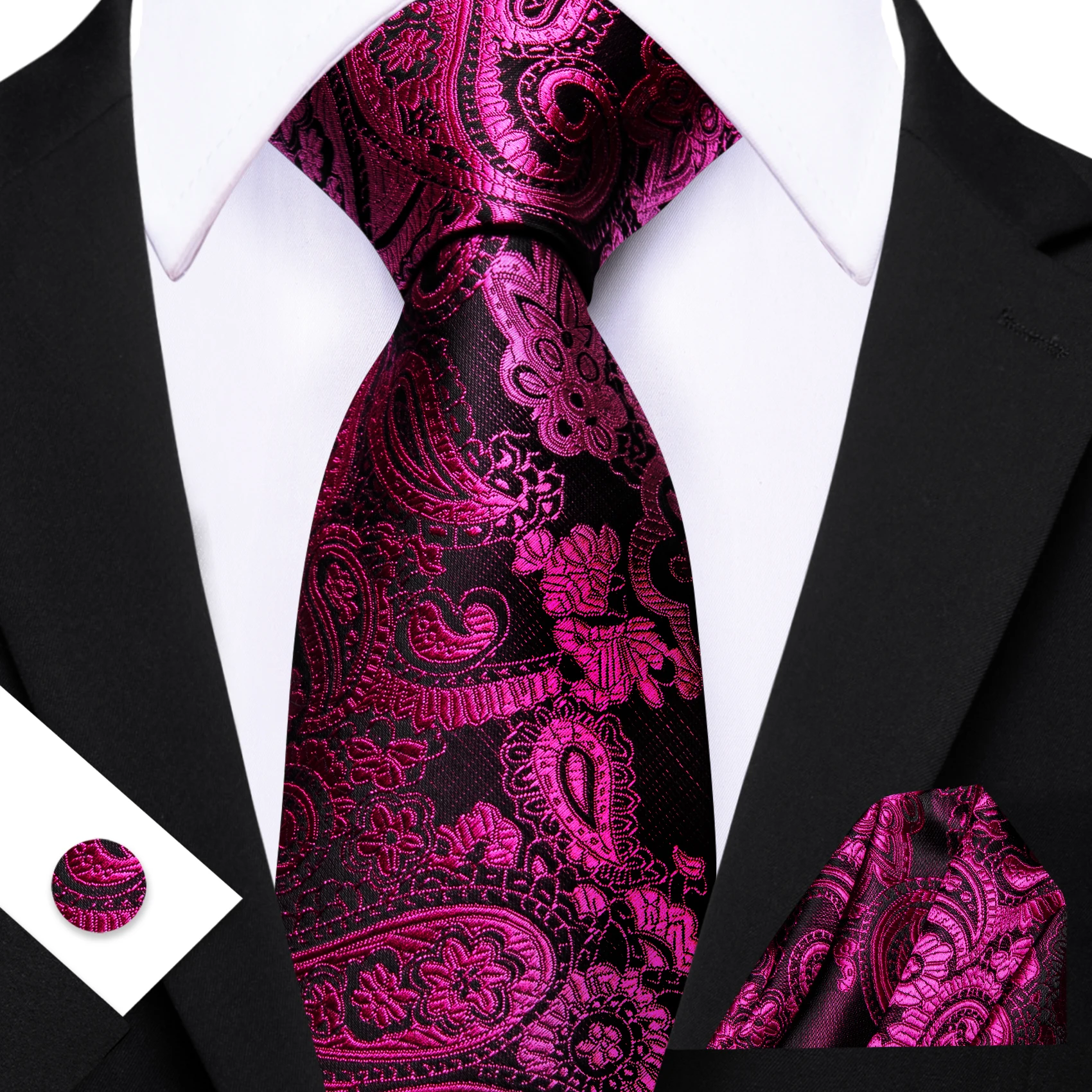 Mens Tie Yellow Golden Black Red Floral Ties Hanky Cufflinks Set Necktie Formal Wedding Dinner Party Gift
