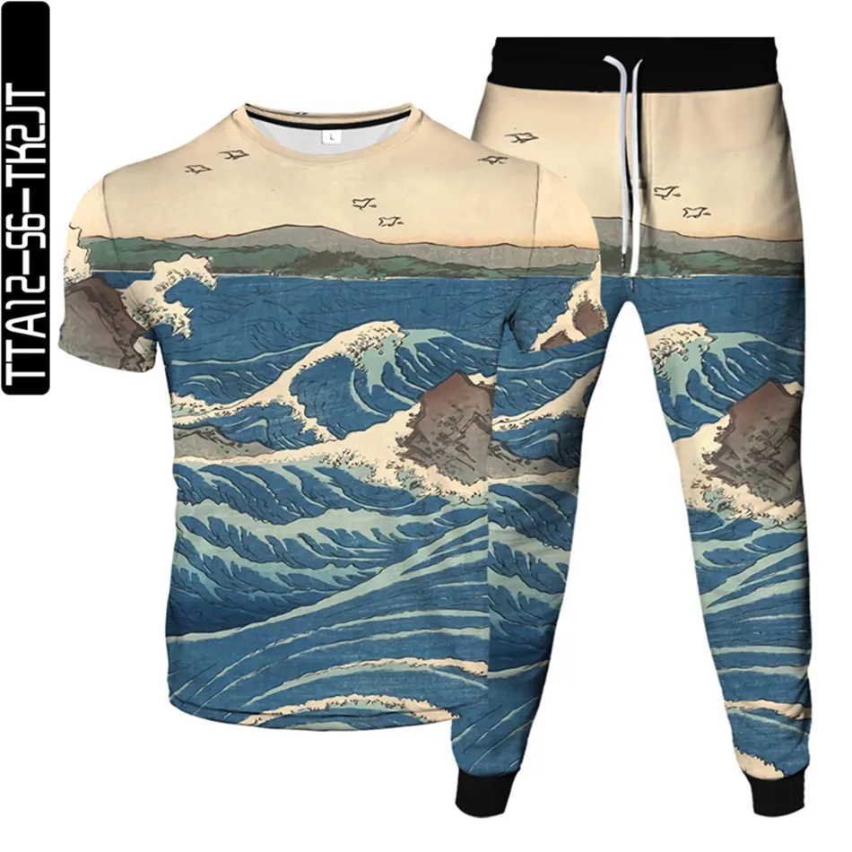 

The Great Wave of Kanagawa Ukiyoe Japanese Art Vintage Wave 3D Printing Tracksuit Men Women T-Shirt+Trousers 2Pcs Sets Plus Size