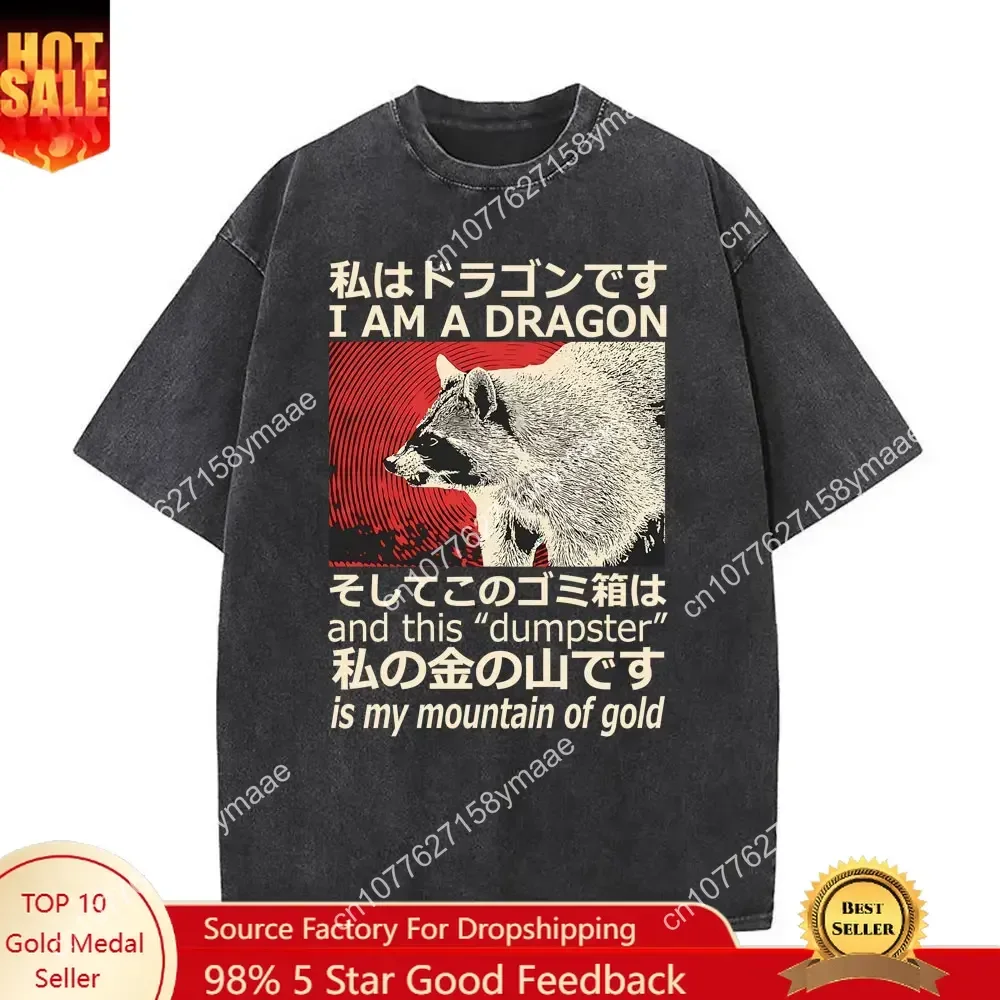 

I Am A Dragon and This Dumpster Is My Mountain of Gold Washed Vintage Funny Japanese Style Raccoon T-shirt Men Women Oversized T