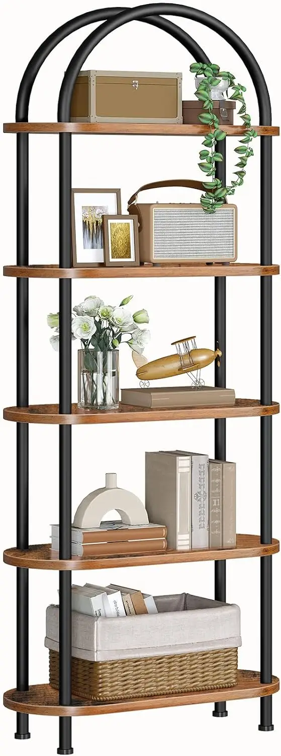 5 Tier Open Bookshelf, Industrial Arched Bookcase Display Shelf Rack, Wooden Bookcase Storage Shelf Metal Frame, Tall Storage