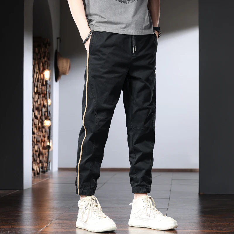 Calça casual masculina listra lateral, algodão preto, elástico na cintura, corredores de cordão, moda verão