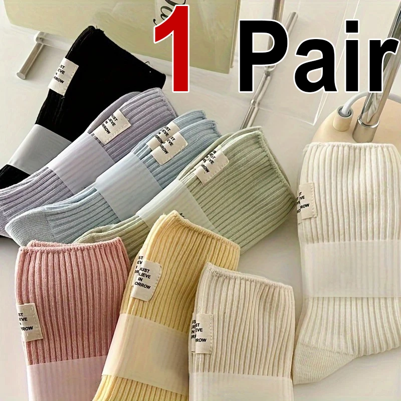 1 Paar Damen-Socken aus Baumwolle mit Etikettstoff und mittlerer Wade, japanischer koreanischer Stil, schweißabsorbierend, atmungsaktiv, bequem, für alle Jahreszeiten