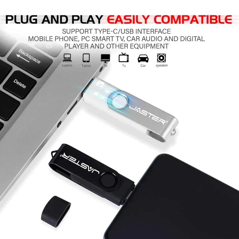 Ponsel TYPE-C 2 in 1 USB Flash Drive, ponsel kecepatan tinggi 128GB ungu dapat diputar Pen Drive 64GB dengan gantungan kunci stik memori hijau 8GB