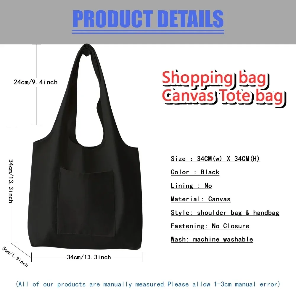 Shoulder Bag for Women Large Capacity Tote with White Picture Series Print Pattern Black Storage Casual Commuter