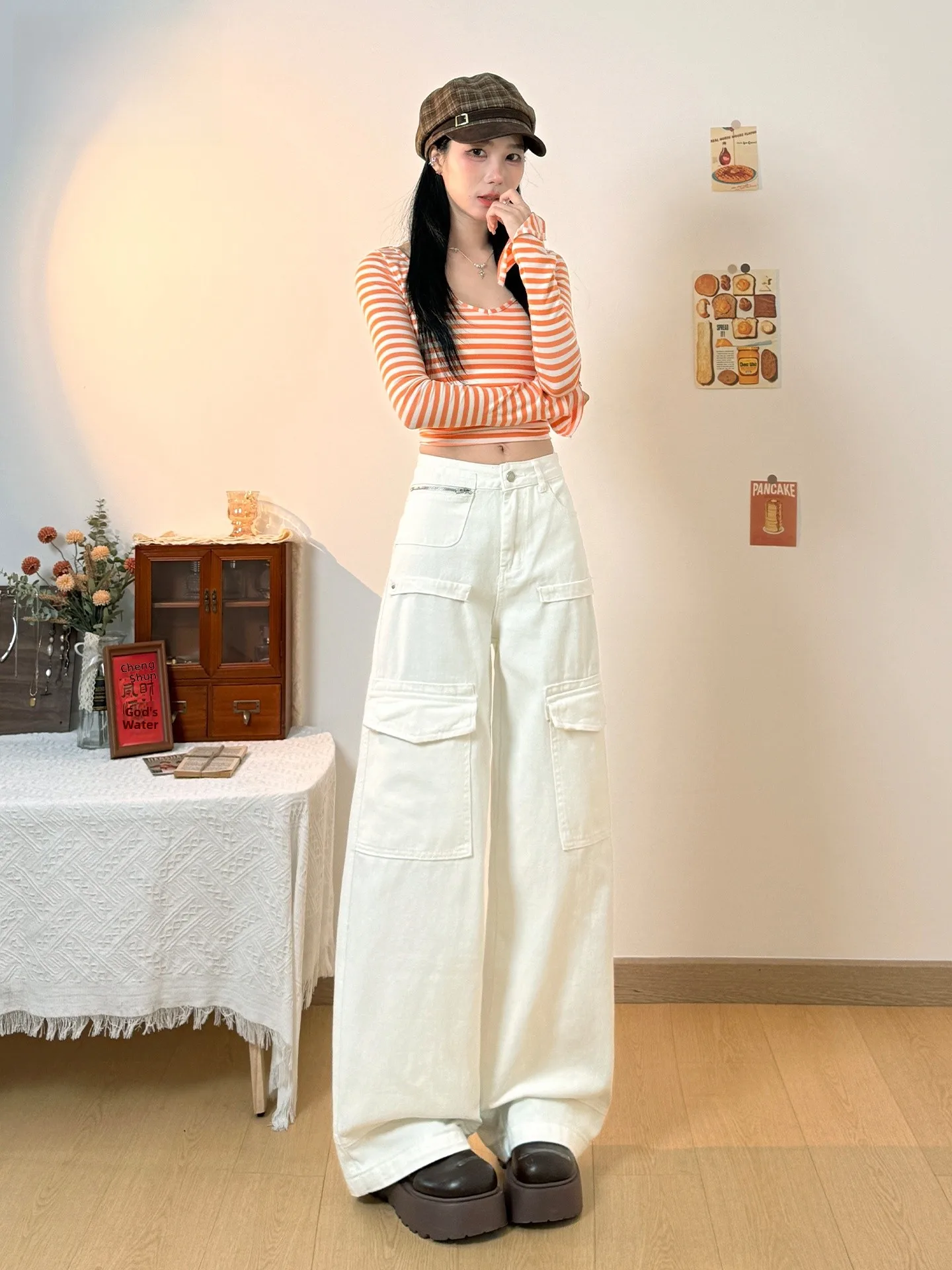 

Американские широкие джинсы из денима для женщин, многокарманные, цвета хаки, рабочие, свободные, прямые, повседневные, с высокой талией