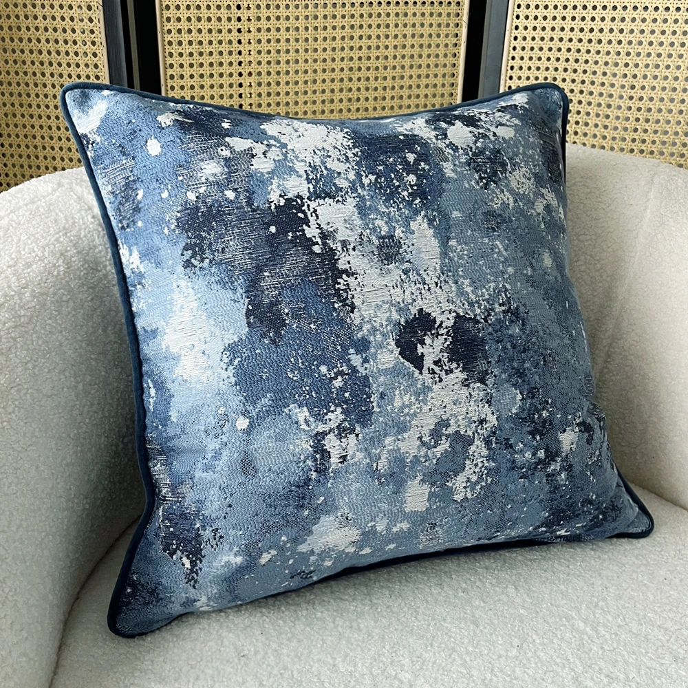 Vintage Blue Moonscape Decorative Pillow Case Woven Velvet Pipping Square Sofa Black Cushion Cover 18x18