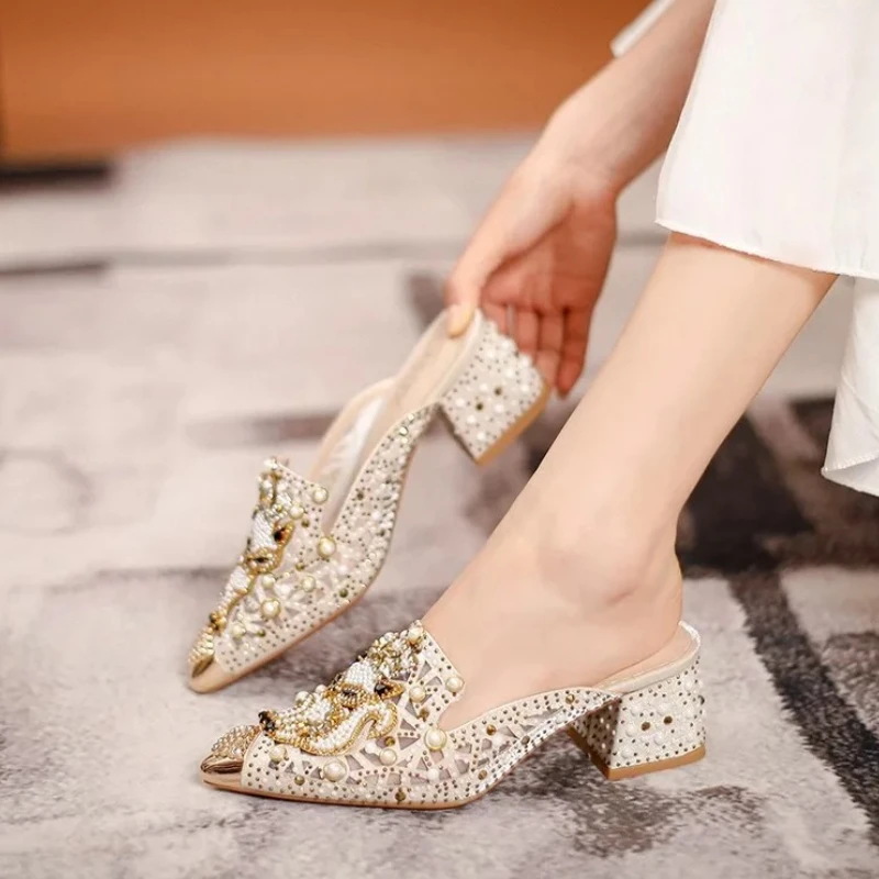 

High End Summer Women Shoes High Heels Sandals Hollow Bling Pearl Rhinestone Fox Slipper Beautiful Street Trend Pumps