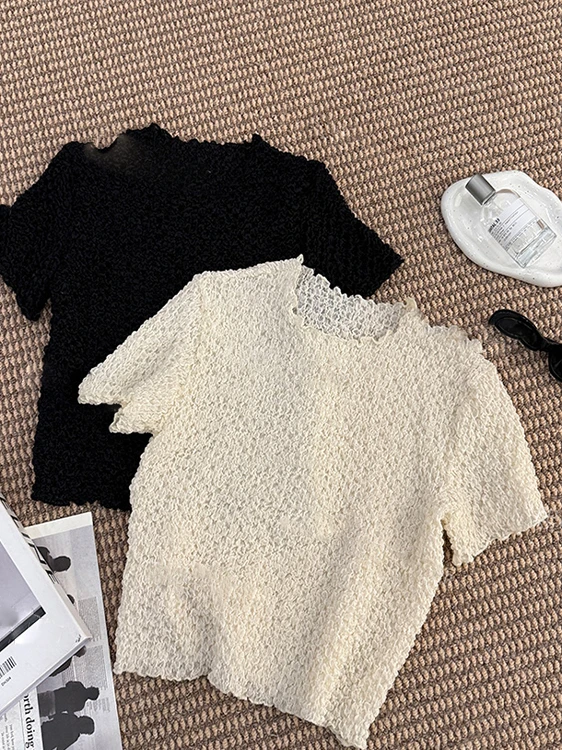 T-shirt a bolle di nuovo design estivo da donna con strato base dimagrante allentato Top rotondo Ne ort Sve T-shirt lavorata a maglia