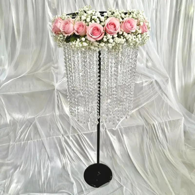 

4pcs Wedding Prop Iron Round Ring Raising Bracket with Crystal Chains Decoration For Wedding Stage Venue Road Sign Frame