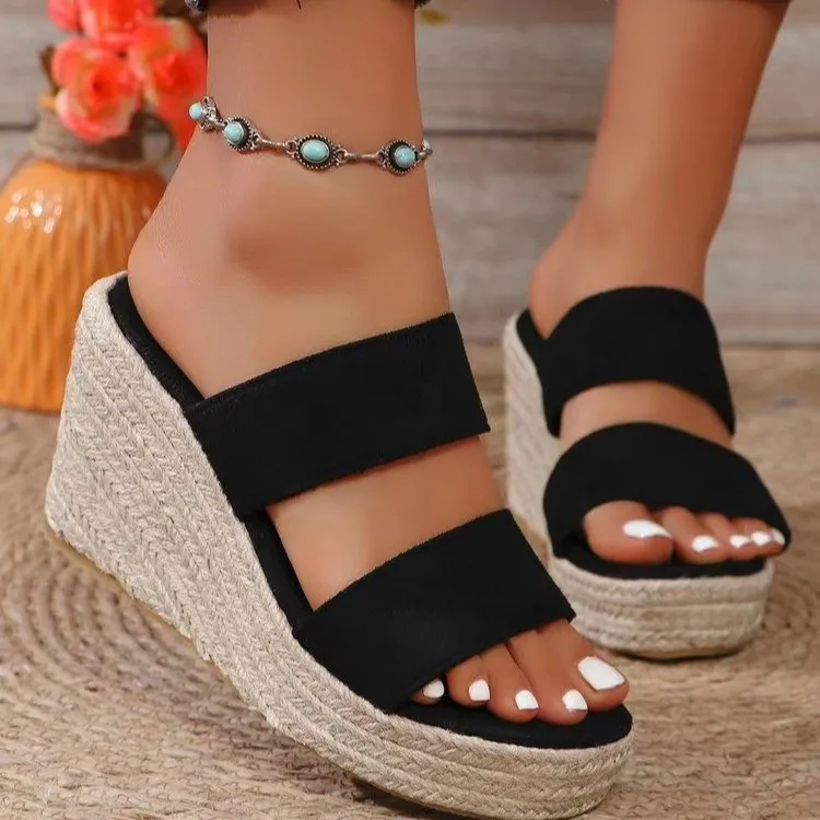 2024 new summer European and American foreign trade wedge-heeled thick-soled sandals large size one-word casual fish mouth thick