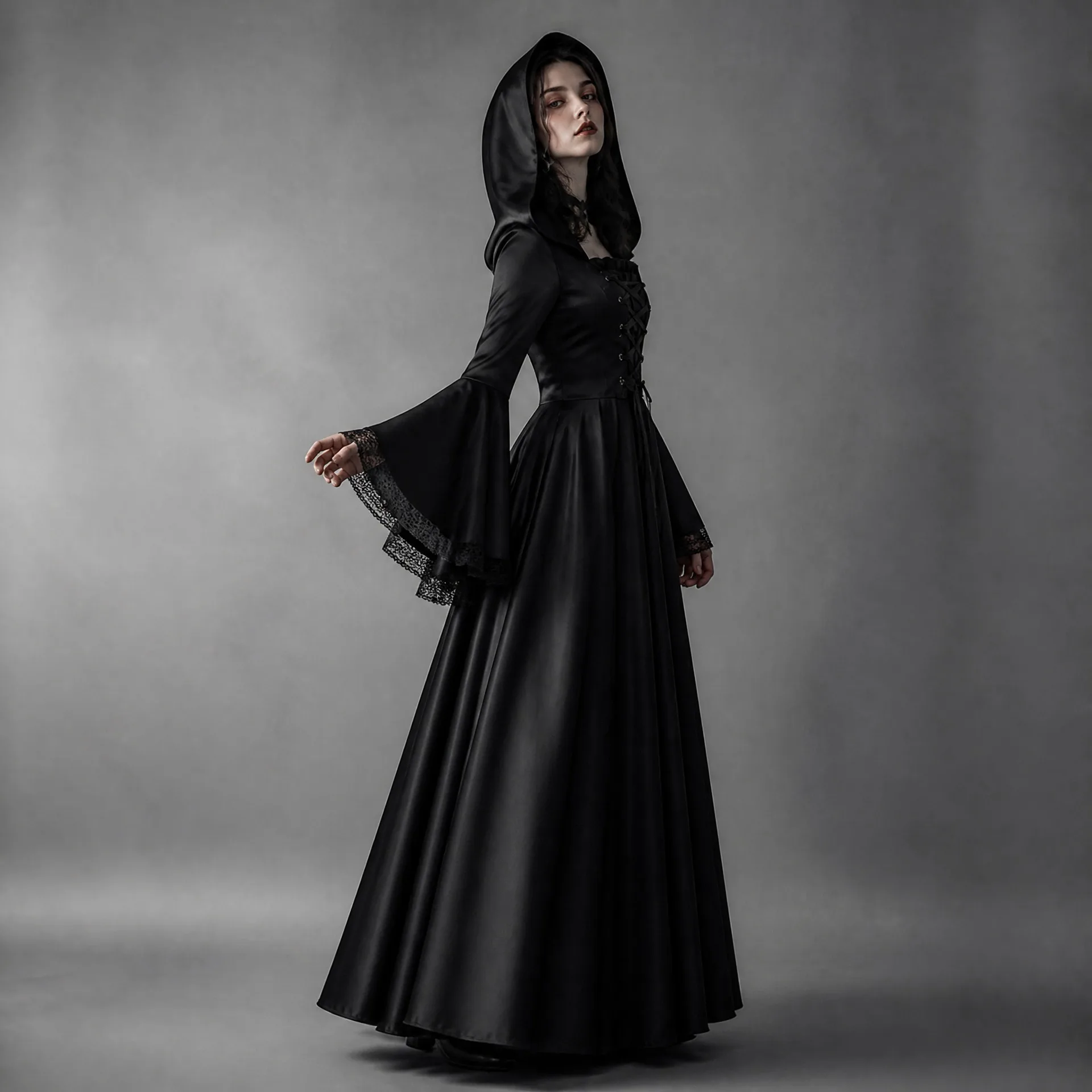 Robe longue à capuche de style gothique pour femmes, avec manches évasées, costume de cosplay de mariée fantôme ou de sorcière pour Halloween, idéal pour une soirée costumée ou un jeu de rôle.