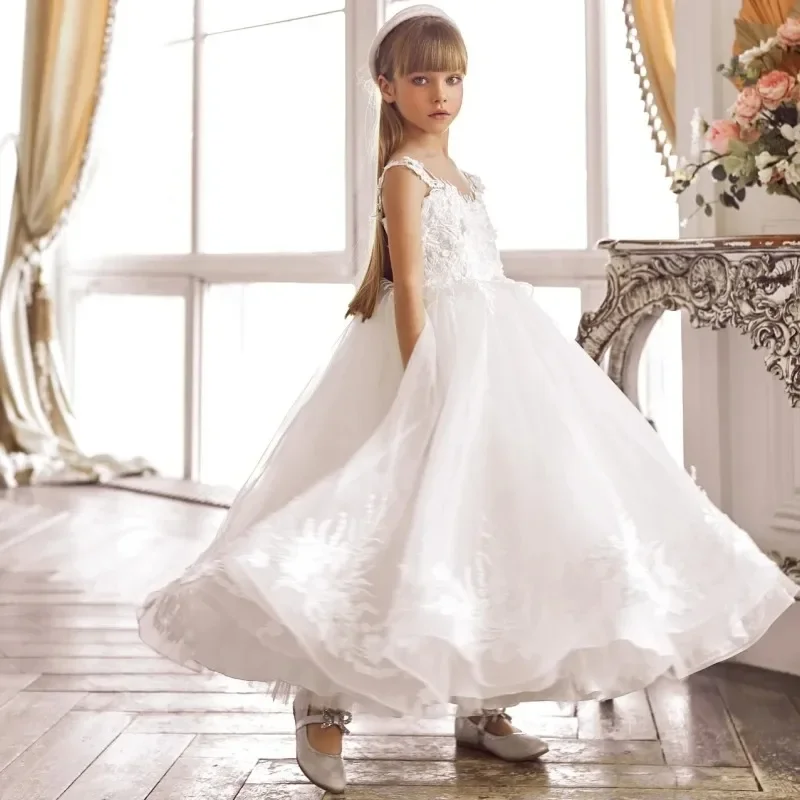 

White Flower Girl Dress Pageant Gown for Wedding Lace Appliques Kids Birthday Party First Holy Communion Gowns Customized