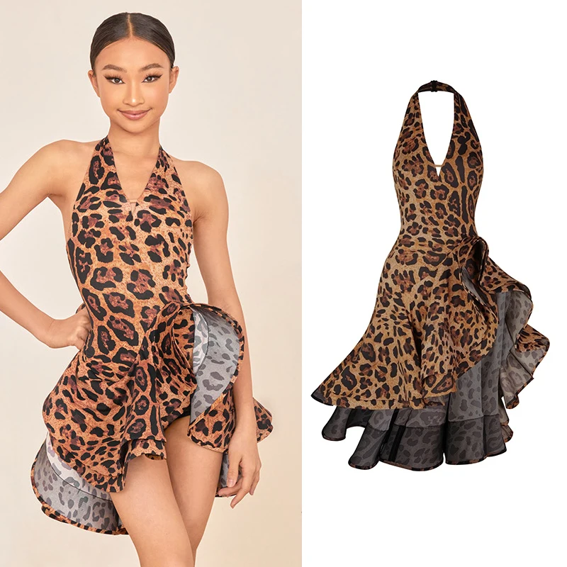 Nuevo vestido de baile latino para niñas, vestido de espina de pescado Leoprard, disfraz de actuación de Rumba Cha, falda de Ropa de baile de competición de práctica latina