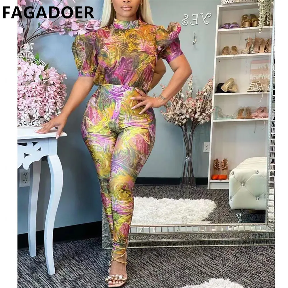 FAGADOER Puff Short Sleeve Retro Floral Jumpsuits Sexy Skinny Jumpsuits For Women Elegant Romper Overall Trousers Party Playsuit