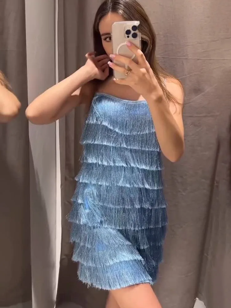 HH Vrouwen Nieuwe Mode Kwastje Gevoerde Mini Jurk Mouwloze Backless Sexy Slanke Jurken Vrouw Zomer Blauw Party Halter Jurk