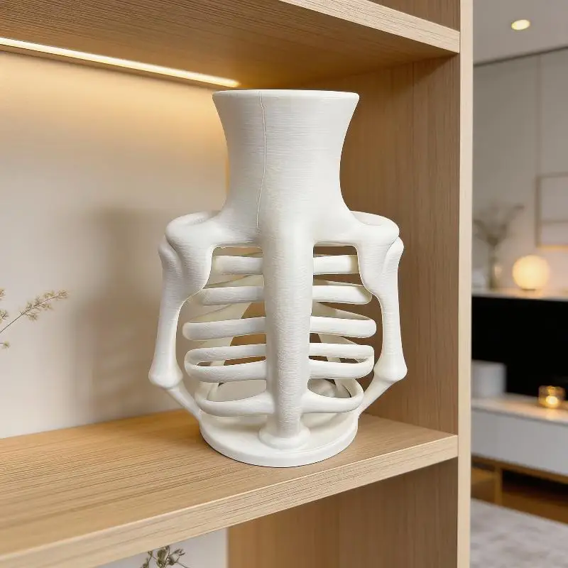 Weiße 3D-gedruckte Skelett-Brustkorbe-Vase, einzigartiges Gothic-Design, perfekt für Halloween-Heimdekoration, Geschenk für Gothic-Liebhaber. – Detail 5