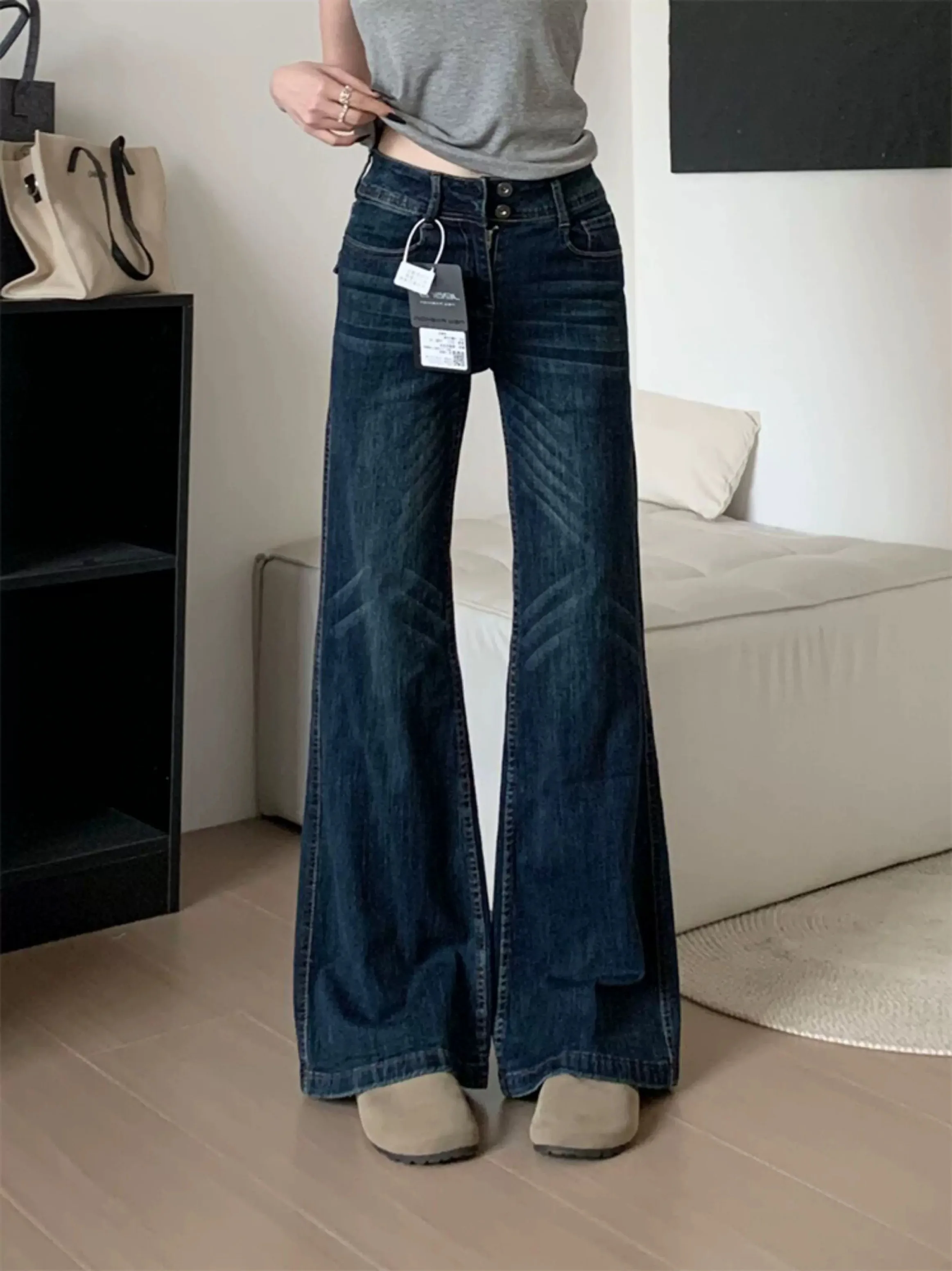 

Y2K микро расклешенные джинсы женские с высокой талией широкие брюки ретро стираные темно-синие брюки с высокой талией длиной до пола осень