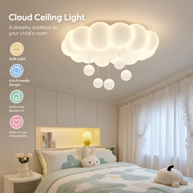 Ceiling Light Eye-Care Cream Cloud Bubble Pendant Lamp, Warm LED Bedroom Fixture for Kids and Ladies, Princess Decor Chandelier