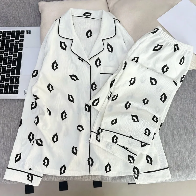 2026 Spring Fall Cute Pajama Set For Women Long Sleeve Two Piece Sleepwear Lapel Neck Button Soft Casual Loungewear Nightwear