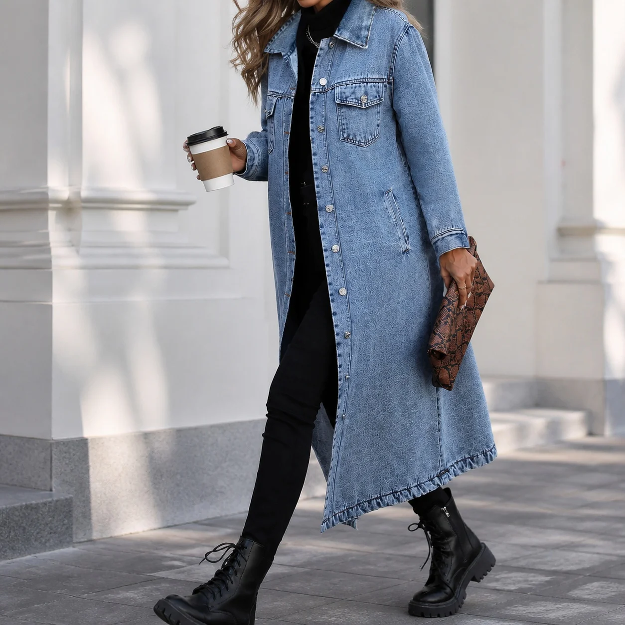 Women's Loose Fit Denim Jacket with Notched Collar Long Sleeve for Women Casual Outerwear Medium Length Oversized Button Front