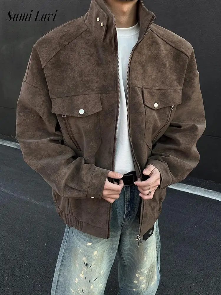 Vintage Men's Stand Collar Zip-up Jacket Coat Fall Winter New Casual Multi Pockets Cargo Jackets For Men Fashion Cardigan Tops