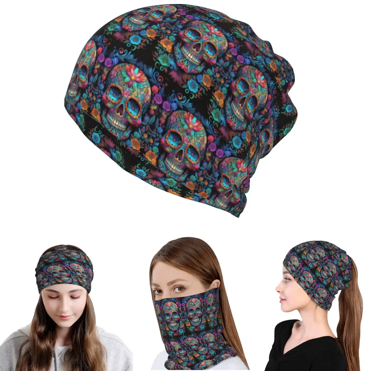 Mexican Skull Calavera Illustration Bandana Neck Gaiter Mask Scarf Multi-use Cycling Scarf Beanies Hat for Men Women Washable